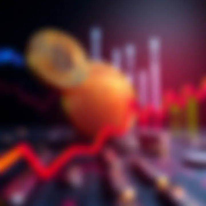 A graphic showing fluctuating price trends of Trump Coin with upward and downward arrows, symbolizing market volatility and future predictions.