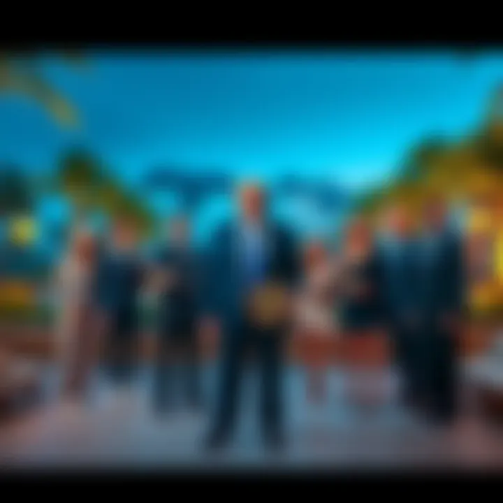 Former President Trump poses with winners of a cryptocurrency contest at Mar-a-Lago, celebrating their achievements amidst a backdrop of luxury and palm trees.