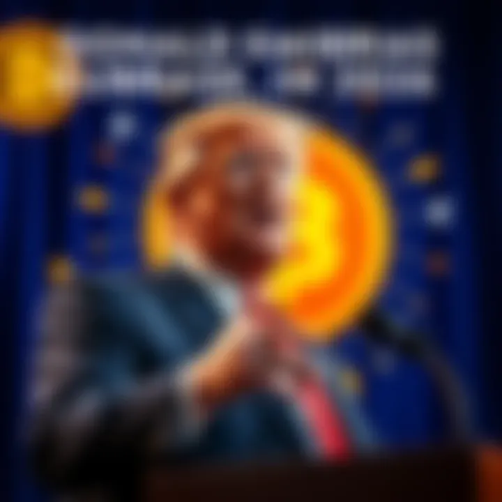President Trump speaking at a podium with cryptocurrency symbols in the background