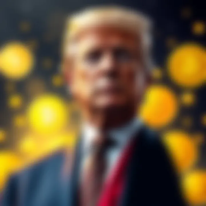 Donald Trump standing with cryptocurrency symbols in the background, representing his financial gains and regulatory efforts.