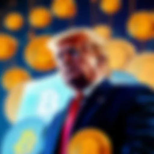 Donald Trump standing in front of cryptocurrency symbols, showcasing his success in the market.