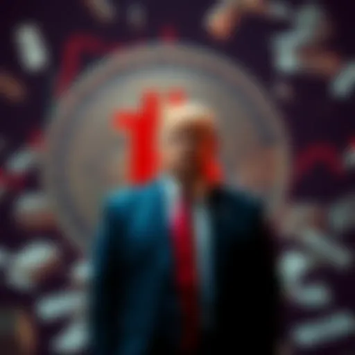 President Trump standing in front of a large Bitcoin symbol with dollar bills around