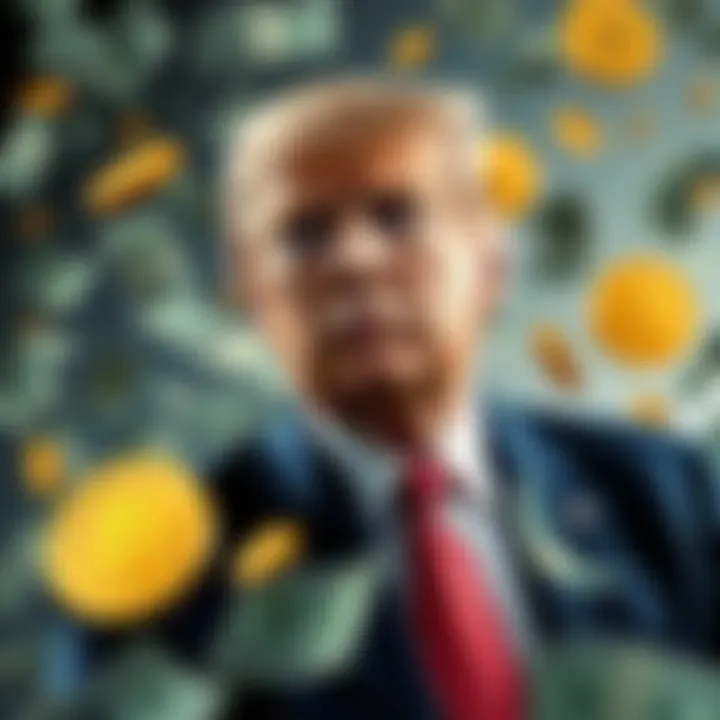 Donald Trump with a backdrop of falling dollar bills and rising Bitcoin, XRP, and gold symbols as investments shift.