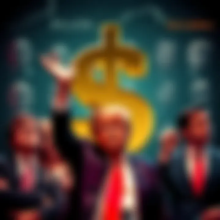 Members of the Trump family with a large dollar sign graphic, celebrating their $2.3 billion earnings from cryptocurrency investments, contrasting with sad faces of everyday investors in the backgroun...