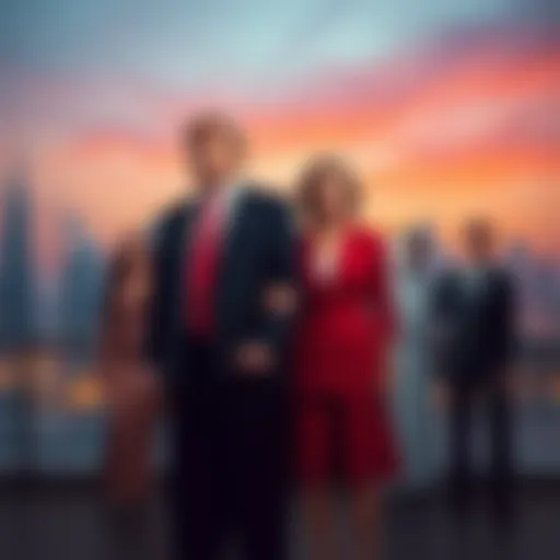 Trump family members standing together, with financial charts and Abu Dhabi skyline in the background, showcasing their private dollar venture.