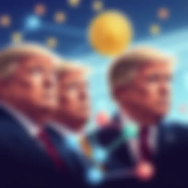 Illustration showing the Trump family connected to Tether's blockchain, highlighting financial ties and regulatory issues.