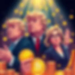 Illustration of the Trump family with cryptocurrency symbols showing their wealth increase to $6.8 billion