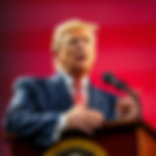 Donald Trump speaking at a podium, emphasizing the importance of Republican victories in the midterm elections to avoid impeachment.