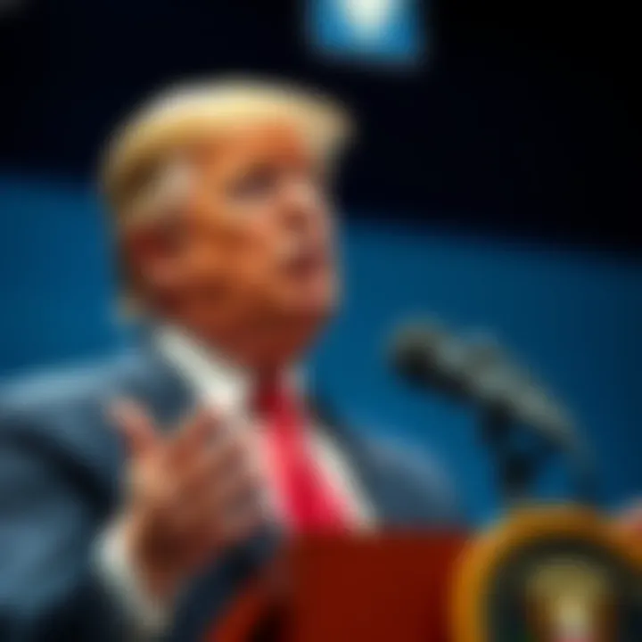 President Trump gestures as he discusses the need for lower interest rates at a podium.