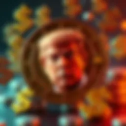 Donald Trump Meme Coin Concept A visual representation of a meme coin featuring Donald Trump's likeness, surrounded by dollar signs and a caution symbol, indicating investment risks.