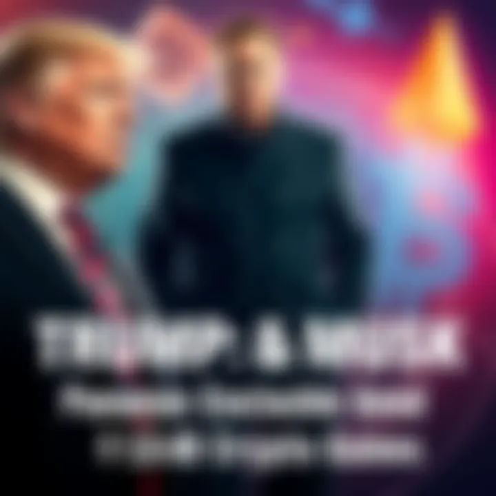 Donald Trump standing confidently while discussing Elon Musk and SpaceX stock donations, with cryptocurrency symbols in the background.