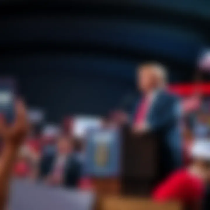 Donald Trump giving a speech at a large rally, engaging with a supportive crowd holding banners and signs.