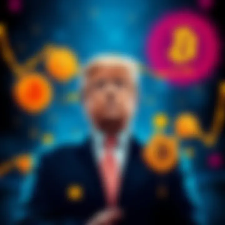 Trump cancels tariffs impacting cryptocurrency A graphic showing Donald Trump with a backdrop of falling tariffs and rising cryptocurrency symbols, indicating a shift in market dynamics.
