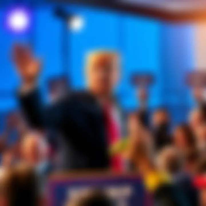 Former President Trump speaking to his supporters with a confident gesture at a rally.