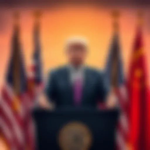 President Trump standing at a podium, advocating for U.S. leadership in Bitcoin technology, with American flags behind him.