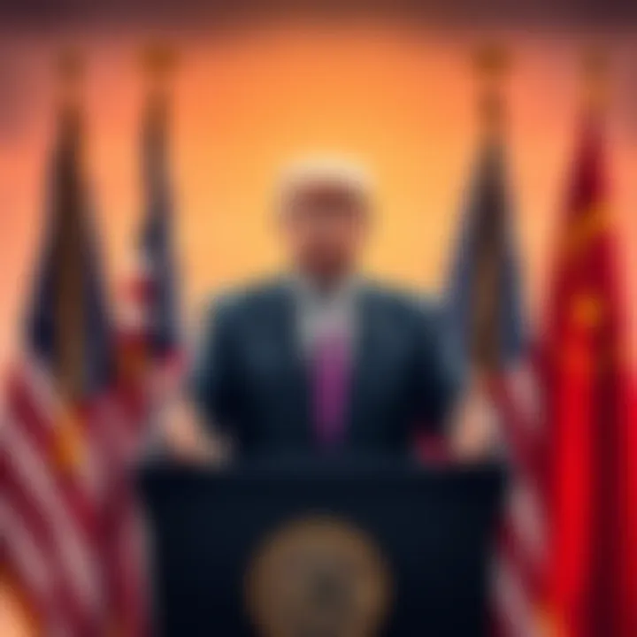 President Trump standing at a podium, advocating for U.S. leadership in Bitcoin technology, with American flags behind him.