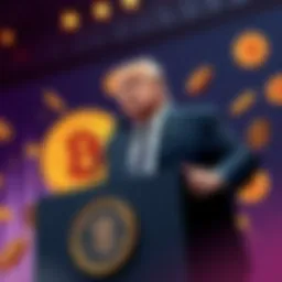 Trump Promoting Bitcoin and Crypto President Trump standing at a podium with Bitcoin and cryptocurrency symbols in the background, emphasizing the US leadership in the crypto sector.