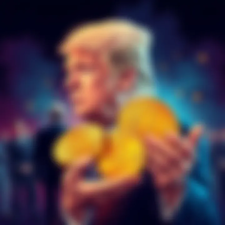 Illustration of President Trump with Bitcoin coins, symbolizing a tax exemption for cryptocurrency