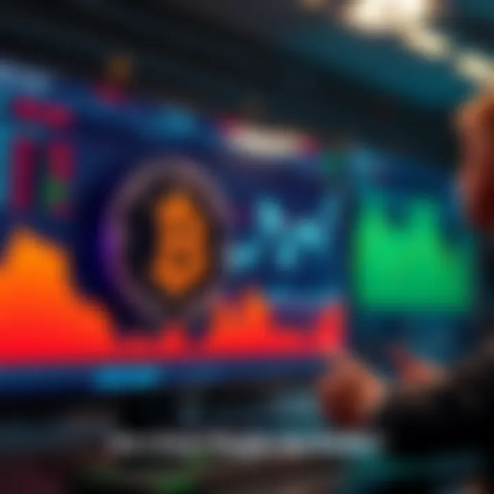 Trump Coin on a digital screen A digital representation of Trump Coin with price graphs and a person discussing profits in the background