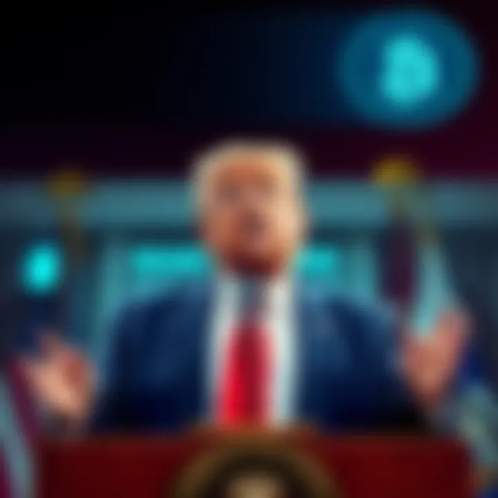 Donald Trump speaking at a podium, urging Congress to pass a crypto bill, with bank logos in the background