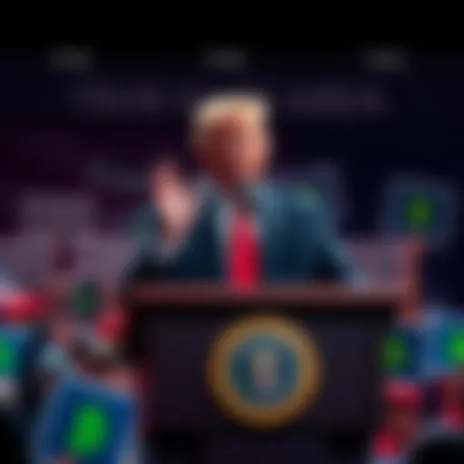 Former President Trump speaks at a podium, announcing the end of Biden's crypto regulations, surrounded by supporters holding cryptocurrency signs.