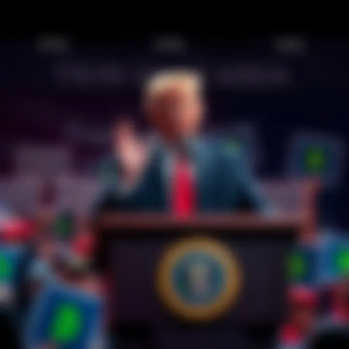 Former President Trump speaks at a podium, announcing the end of Biden's crypto regulations, surrounded by supporters holding cryptocurrency signs.