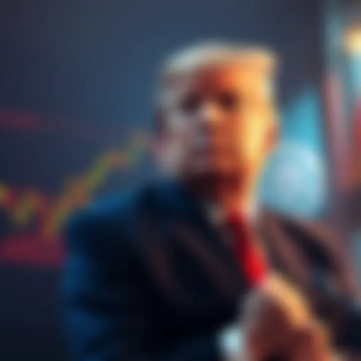 President Trump contemplating a potential bailout of the cryptocurrency market, depicting a graph showing crypto market fluctuations