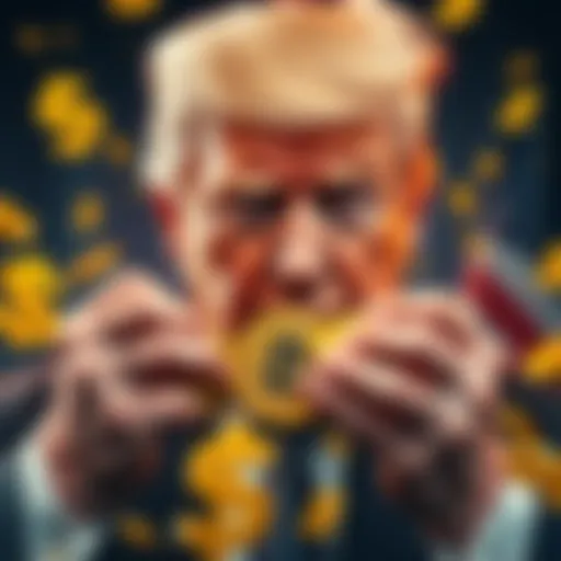 Donald Trump holding cryptocurrency coins with dollar signs around him