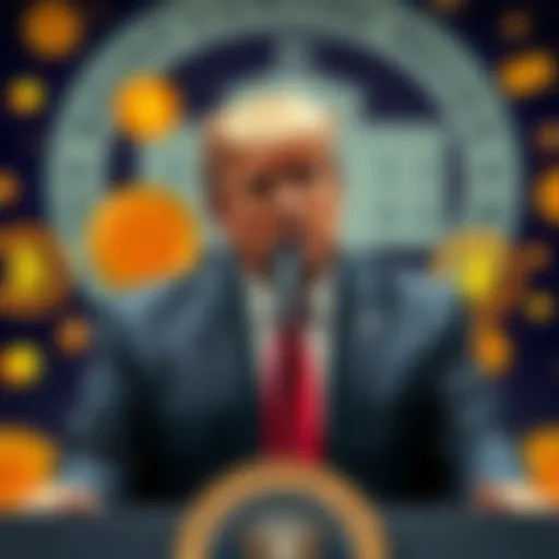 Donald Trump speaking at a podium with cryptocurrency symbols in the background, highlighting concerns over corruption.