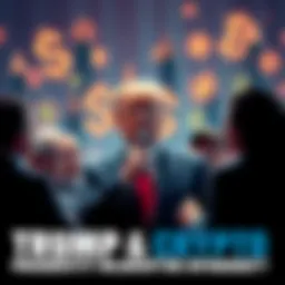 A group of people discussing cryptocurrency while referencing Donald Trump, with digital currency symbols in the background.
