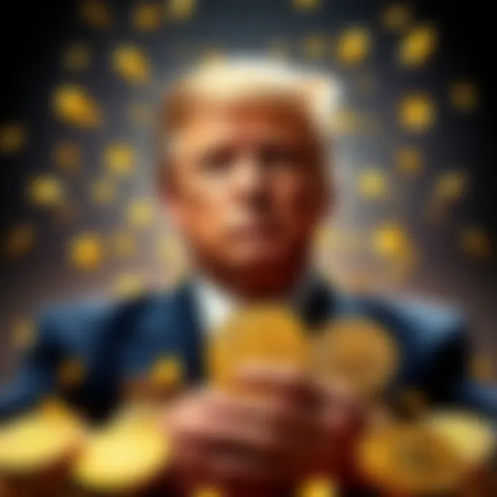 Trump's Crypto Gains Visual representation of President Trump with crypto coins symbolizing his investments exceeding $1 billion