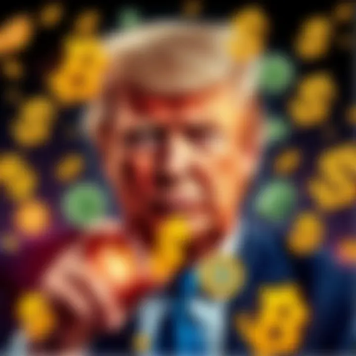 Donald Trump with cryptocurrency symbols and dollar signs around him, representing his investments and controversies.