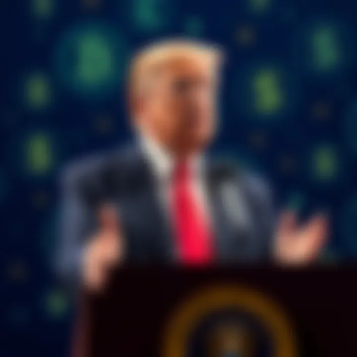 Former President Trump speaking at a podium about cryptocurrency, with a backdrop of digital currency symbols.