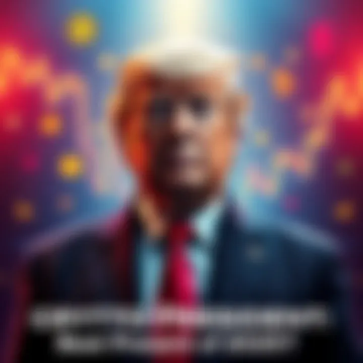 Donald Trump standing with a backdrop of cryptocurrency symbols and charts, symbolizing his influence on digital currency in 2026.