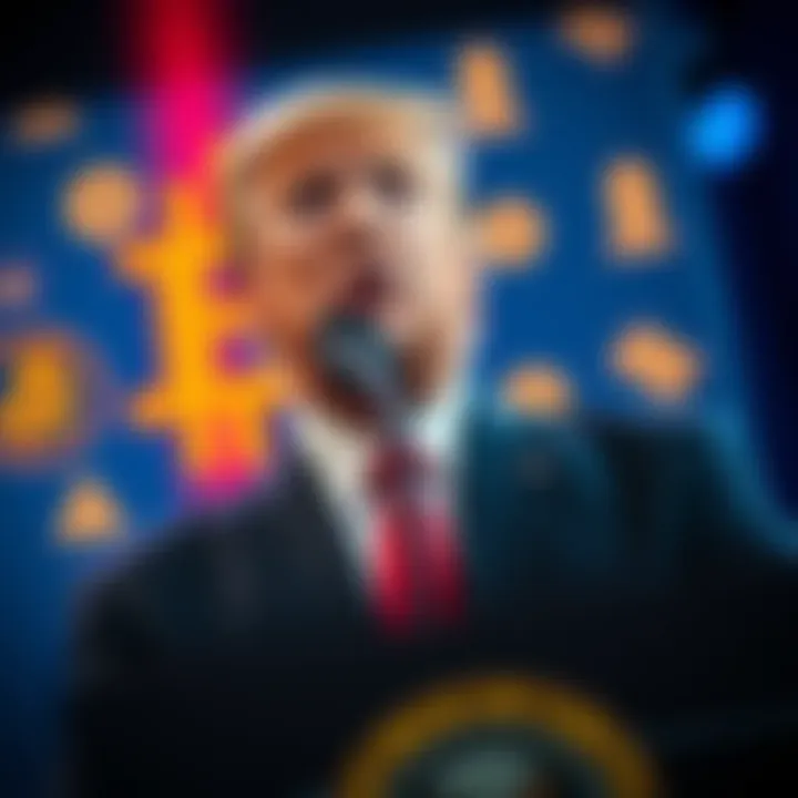 Donald Trump speaking at a podium with cryptocurrency symbols in the background, reflecting his interests in digital assets.