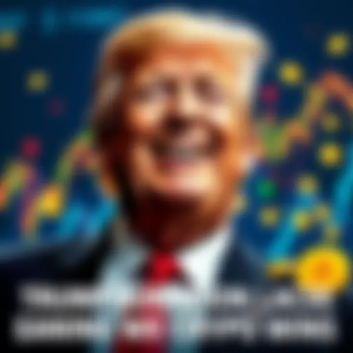 Trump Celebrating Crypto Success Former President Trump smiling with a backdrop of rising cryptocurrency charts and coins, showcasing his financial wins in the crypto market.