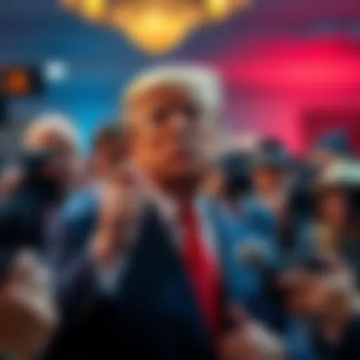 Former President Trump confidently speaks about his family's $1.4 billion success in cryptocurrency, surrounded by supporters and media.