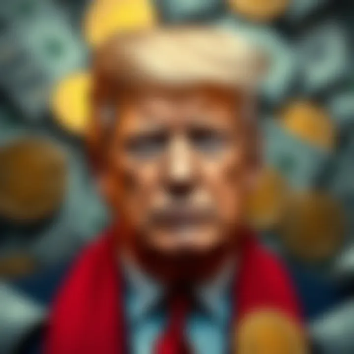 Trump and Cryptocurrency Donald Trump with symbols of cryptocurrency like Bitcoin, surrounded by dollar bills, reflecting on financial issues.
