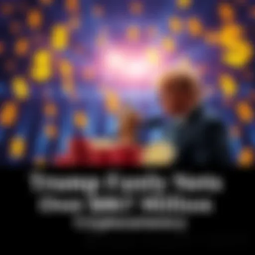 A graphic showing the Trump family's cryptocurrency gains with dollar signs and digital coins in the background