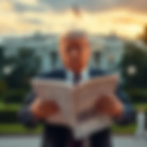 Donald Trump holding financial papers in front of the White House, looking concerned about his earnings