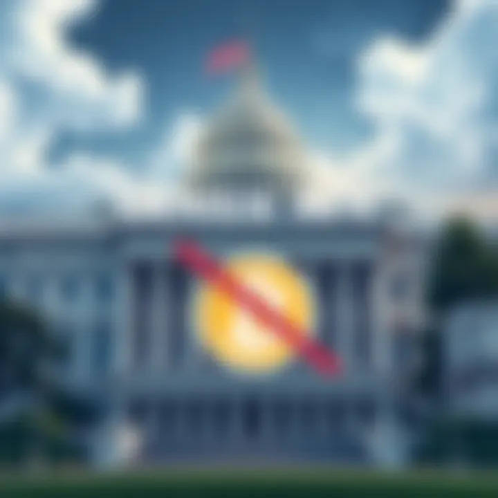 Illustration of a government building with a large sign reading 'GENIUS Act' and a crossed-out symbol over a stablecoin, symbolizing the ban on interest for digital currencies.