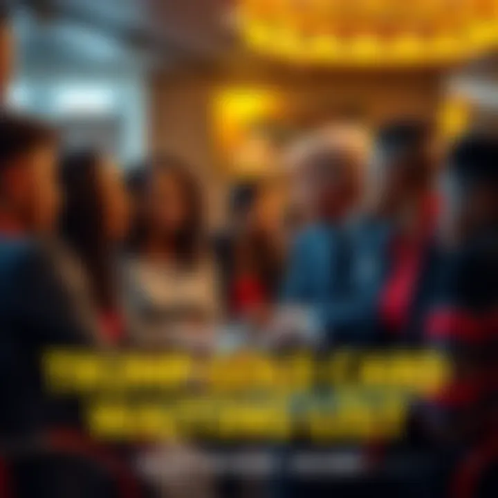 A group of diverse people discussing the Trump Gold Card and its benefits in a casual setting.