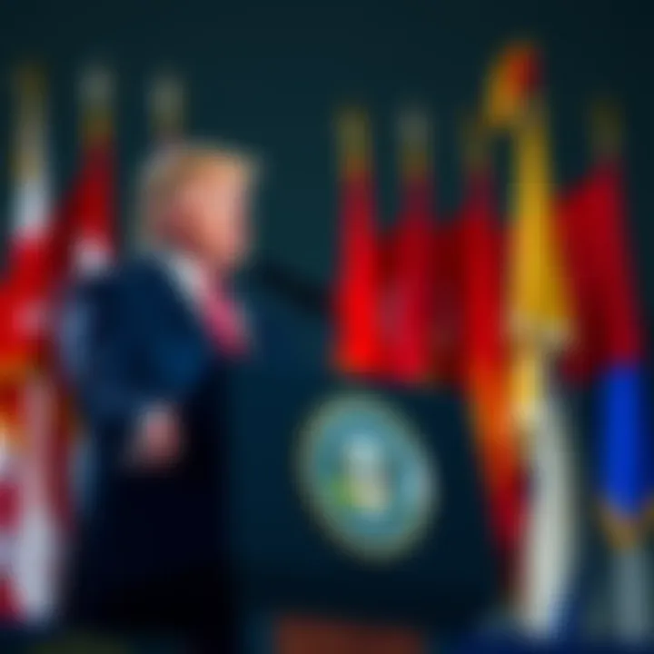 President Trump speaking at a podium with flags in the background, symbolizing the reopening of the Hormuz Strait and its impact on Bitcoin and altcoins.