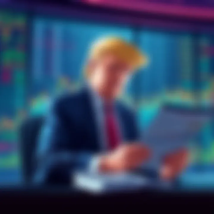 Illustration of Trump reviewing financial reports with stocks and bonds in the background, symbolizing his investment shift from cryptocurrency.