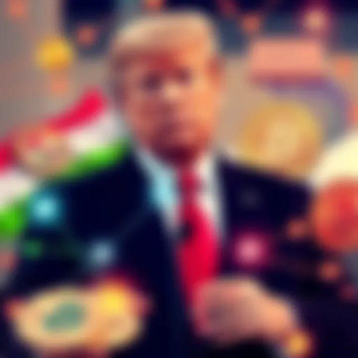 Illustration showing President Trump alongside symbols of cryptocurrency and Iran's top exchange, highlighting financial connections between them.