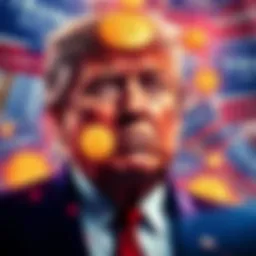 Donald Trump surrounded by memecoin graphics showing a dollar loss, with a background of campaign signs for midterm elections.