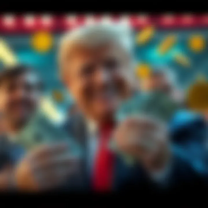 Trump's Memecoin Profit Trump smiling with cash and memecoin symbols, showcasing his $636 million profit while buyers look worried in the background