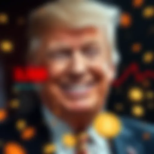 Donald Trump smiling with memecoins graphics showing losses and gains