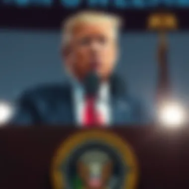President Trump speaking at a podium with a serious expression, suggesting military action against Iran