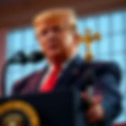 President Trump speaking at a podium with a confident expression, addressing the crypto corruption investigations